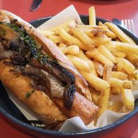 Hot dogs with garlic mushrooms, fried onions and 'skin on' fries at Emma's Diner in Whitby