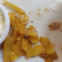 Yellow pepper picked out of the final third of my fish. There was not much banana blossom left. at Hobson's Fish & Chips in West London