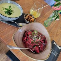 Beetroot curry and cold cucumbersoup at Hafenstadt Urban Area in Klagenfurt