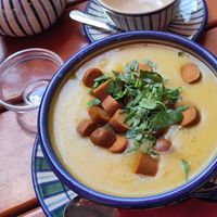 Kartoffelsuppe mit Saitanwürstchen at Aha Cafe in Dresden