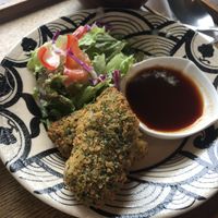Fried gluten "mock oyster"  at Teru Cafe in Tokyo