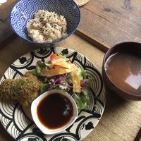 Fried gluten "mock oyster" set 1300 yen  at Teru Cafe in Tokyo