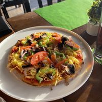 Gluten free pizza with ”normal” vegan cheese  at Orexi in Rhodes