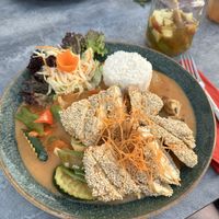 Vegan dish with sesame tofu and peanut sauce  at Loi Xua in Speyer