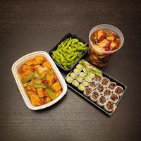 General Tso's Tofu, Edamame, Avocado Rolls, Shiitake Mushroom Rolls, Ma Po Tofu at Mojo in Lititz