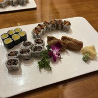 My yummy vegan sushi platter. Pictured are: Oshinko Roll, Shiitake Mushroom Roll, Sweet Potato Roll, and Inari Sushi!  at Mojo in Lititz