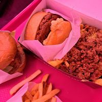 Mac n cheese burger and chicken burger.  Fox fries. With meat and cheese at VEGAN FOX in Buenos Aires