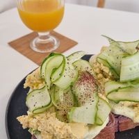 Hummus toasties with cucumber slices at Veggies - 베지스 in Seoul