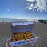 Double sausage and chips  at Sovereign Light Café in Bexhill
