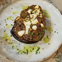 Imam Baylidi (stuffed eggplant with vegan Feta) at Trilogia in Rhodes