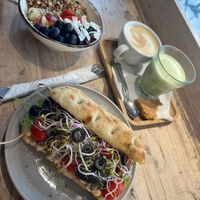 granola and vegan tuna sandwich (drinks are flat white and matcha latte)  at Tartoer in Antwerpen