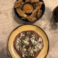 oyster mushrooms with bloody mary ketchup (vg) and cauliflower with carrot puree (vg)  at Really Wild Emporium in Haverfordwest