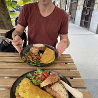 Vegan omelettes, stuffed with veg & served with delicious soft sourdough  at Linka in Budapest