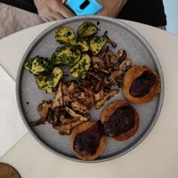Chickpea patties with oyster mushrooms and baked potatoes at BUNT Bistro in Cluj-napoca