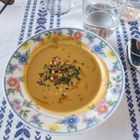 Plat du jour, gaspacho avec amandes at Aux Pigeons Blancs in Saint-jean-de-luz