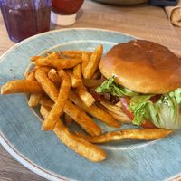 Marinated BBQ tofu sandwich with fries  at The Sandbar Beach Eats in Hilton Head Island