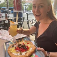 The vegetarian langos with vegan cheese and vegan sour cream! Plus a pina colada without the cream! Yummmm  at Retró Lángos Budapest in Budapest