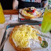 Basic vegan + vegan with veg, and a flavoured lemonade each (mango, green apple) at Retró Lángos Budapest in Budapest
