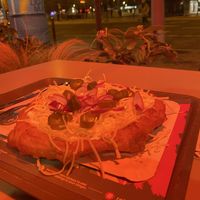 Vegan with Jalapeño and Onion (sorry for the red colour, we were under the heat lamp outside)   at Retró Lángos Budapest in Budapest