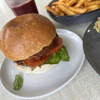 A really delicious vegan burger  at Somewhere Over Coffee in Rainbow Beach