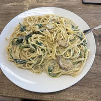 Lion Mane Alfredo Pasta  at Meek's Vegan Pizza in Houston