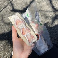 strawberry and mochi sandwich (squished it a bit in my bag 😔) but soooo good  at Hatoya's Vegan Fruit Sandwiches in Tokyo