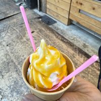 Vegan soft serve with mango sauce   at Hatoya's Vegan Fruit Sandwiches in Tokyo