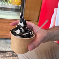 soft serve with black sesame drizzle at Hatoya's Vegan Fruit Sandwiches in Tokyo