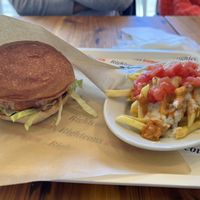 Buffalo soy chicken burger and jungle fries  at Righteous Burger in Tokyo