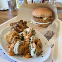 Soy chicken burger and deep-fried mushrooms  at Righteous Burger in Tokyo