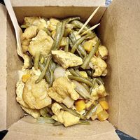 Vegan tofu curry on top of jap chae  at Kim's Korean Food Fusion in East London