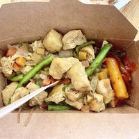 Vegan tofu curry on top of jap chae + vegan rice sticks at Kim's Korean Food Fusion in East London