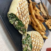 Chikin ceasar wrap and fries  at Vegan Eats and Treats Cafe in Glen Rock