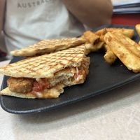 Chikin parm panini and fries  at Vegan Eats and Treats Cafe in Glen Rock