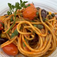 Vegan spaghetti puttanesca   at Garage Buona Forchetta in Coronado