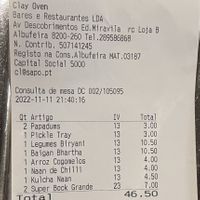 Bill for a meal for 2 with 2 beers   at Clay Oven in Albufeira
