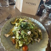 Courgette, asparagus, tomato & feta cheese pastaa  at Victors in Oxford