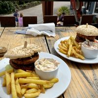 Vegan and gluten free, vegetable lentil burger with pickles, fries and coleslaw. 💚  at The Ancient Mariner in Lynmouth