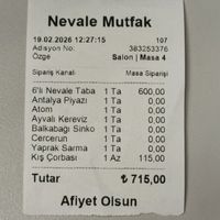 Receipt from Nevale Mutfak: 6-item mixed appetizer plate (₺600) and small winter soup (₺115). at Nevale Mutfak in Istanbul