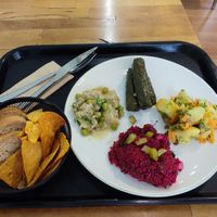 Stuffed grape leaves 
Carrot & potato salad
Beetroot kısır 
Artichoke hearts with peas in olive oil at Nevale Mutfak in Istanbul