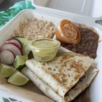 Carnitas Quesadilla Platter, which comes with rices and beans. Highly recommend, as the beans are delicious!!   at Calaveritas in Atlanta