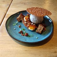 Banana & candied bacon dessert at De Vegetarische Slager - The Vegetarian Butcher in The Hague