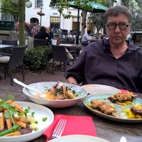 French fries with meat stew, Thai dish with chicken and chicken sticks plus my wife at De Vegetarische Slager - The Vegetarian Butcher in The Hague