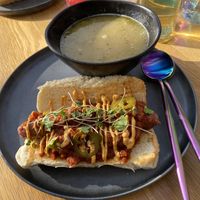 Chili Cheese Dog with a daily special of chicken noodle soup  at Good Dogs Plant Foods in Vancouver