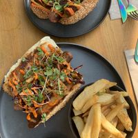 Seoul and thot dog with fries   at Good Dogs Plant Foods in Vancouver