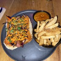 Seoul dog with fries  at Good Dogs Plant Foods in Vancouver