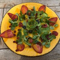 Beautifully arranged avocado-mango carpaccio. 💫😋  at A Vocados in Platja Daro