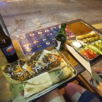 Lahmajoun (vegan), wrap with falafels and my friend's non vegan meal at Not Just Falafel in Athens