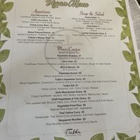 Vegan menu  at Tabla Indian Restaurant in Orlando