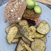 The vegan burger is served on a seed bun. The non-vegan bun is optional.   at Dondué in Sao Miguel